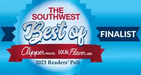 Award badge for Alan Construction as a finalist in the 2023 Readers' Poll by Clipper Magazine and LocalFlavor.com, highlighting their recognition in the Southwest region.