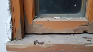 Close-up of a damaged wooden window frame with peeling paint and deteriorating wood.