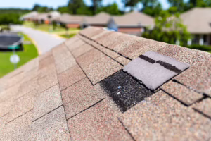 Close-up of a lifted roof shingle exposing the dark underlayment beneath.