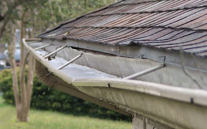 Sagging rain gutter holding standing water beneath an asphalt shingle roof.