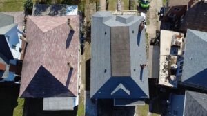Overhead drone view of a new gray hip roof with a flat center in Pittsburgh, Alan Construction