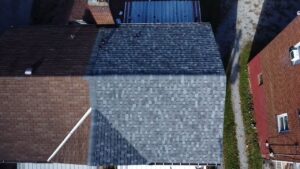 Top down drone view of a new gray shingle roof in Pittsburgh, Alan Construction