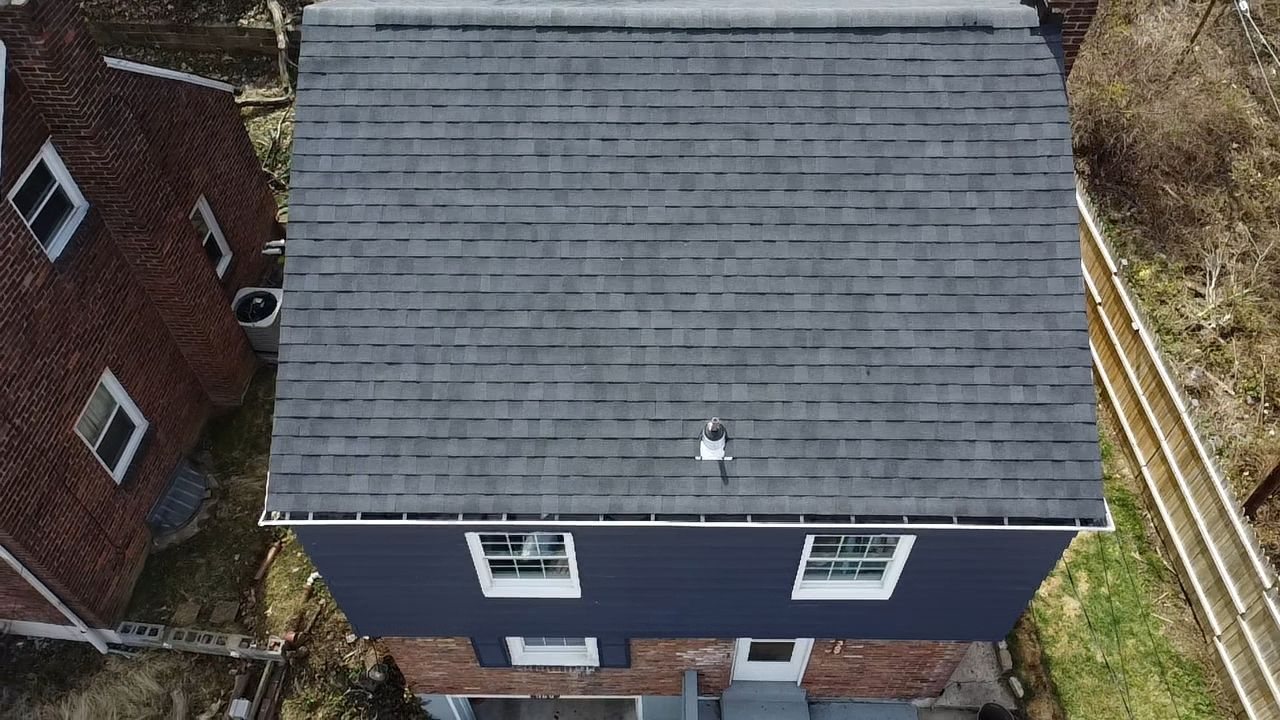 Overhead view of a finished gable roof on a two story house in Pittsburgh, Alan Construction