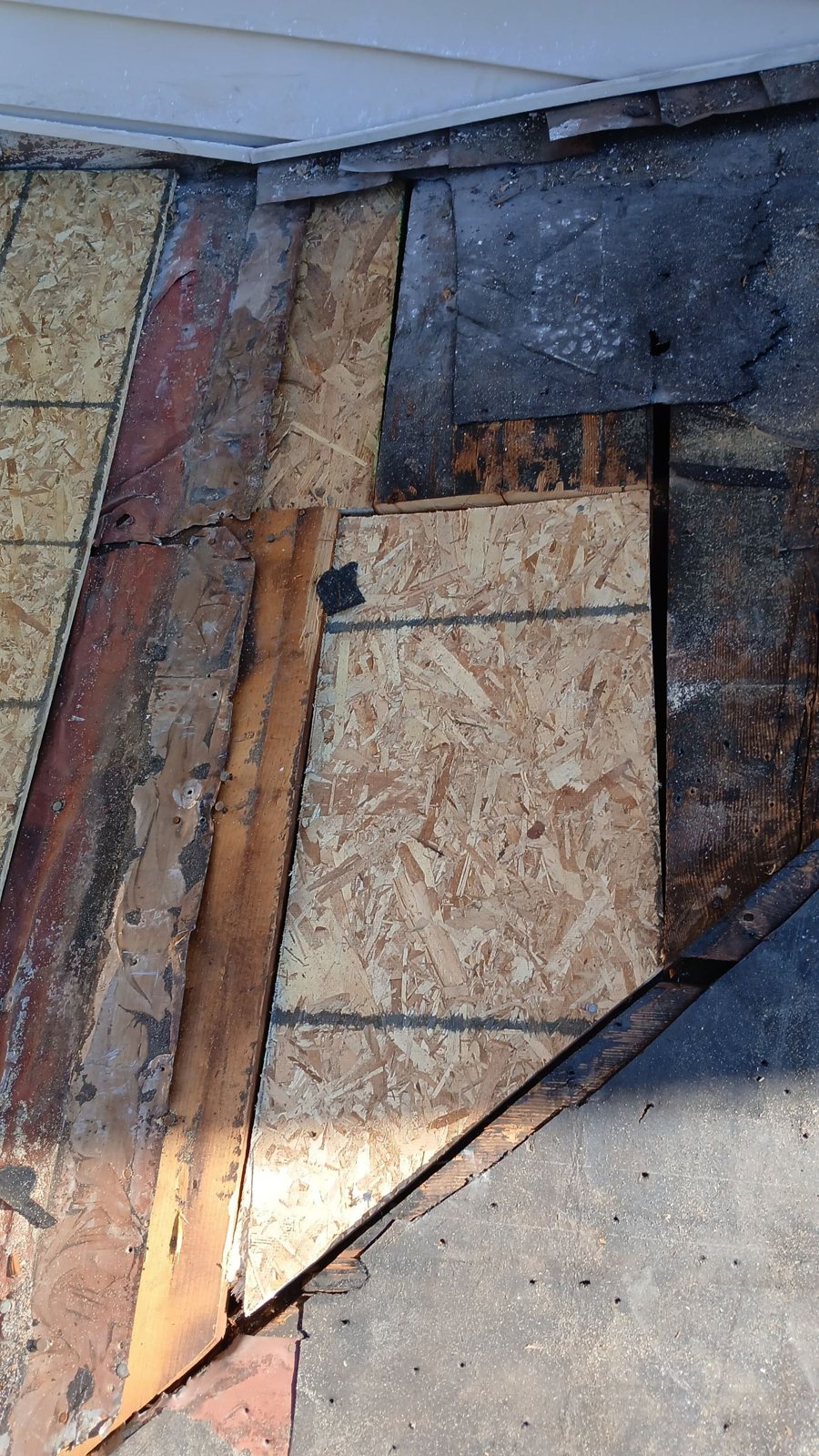 Rotted boards replaced with new OSB on a low roof in Braddock, Alan Construction