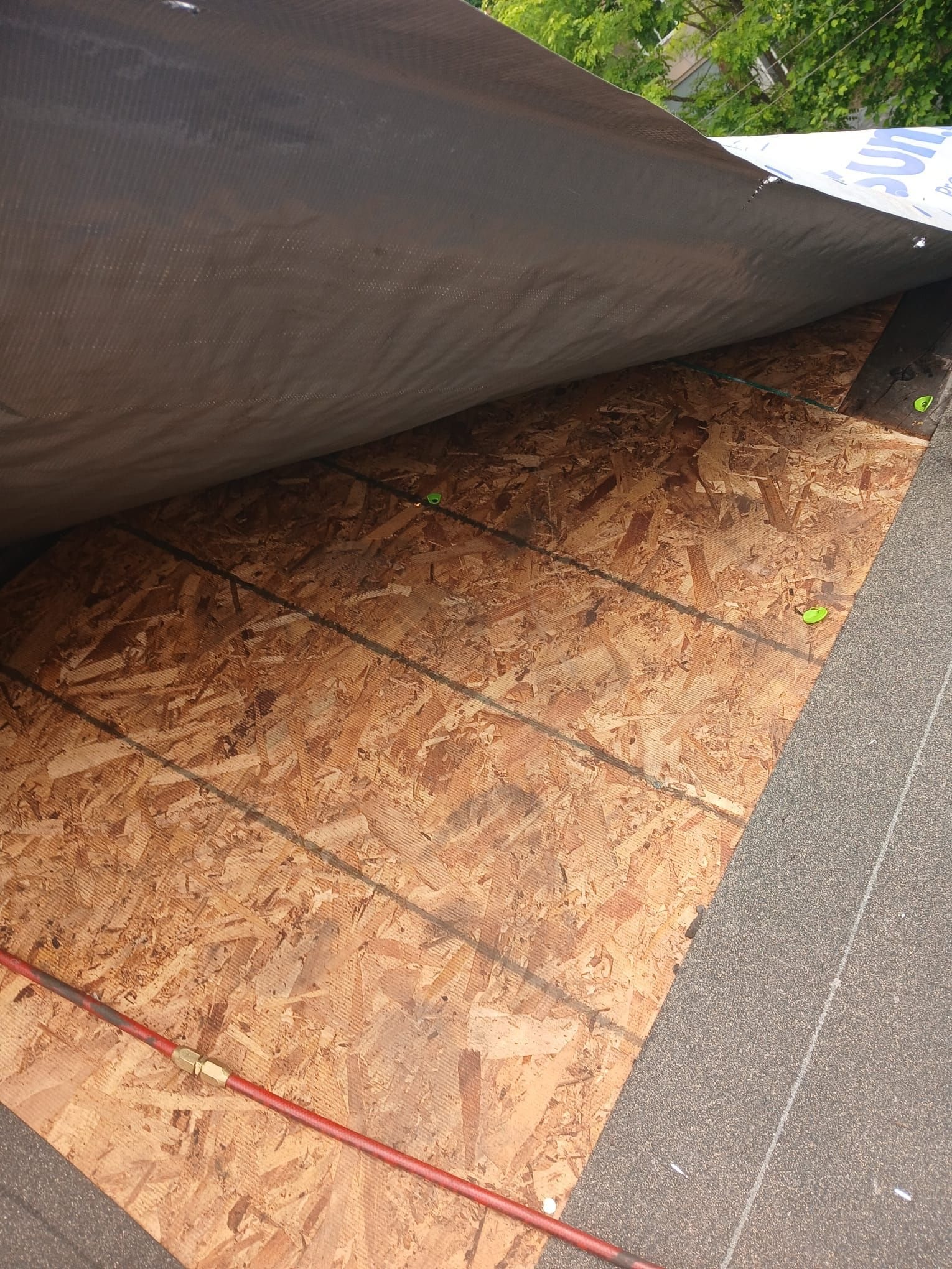 Close view of new plywood roof decking along a drip edge in Pittsburgh, Alan Construction