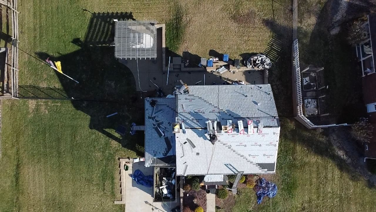 Aerial shot of a roof covered in underlayment mid project in Pittsburgh, Alan Construction