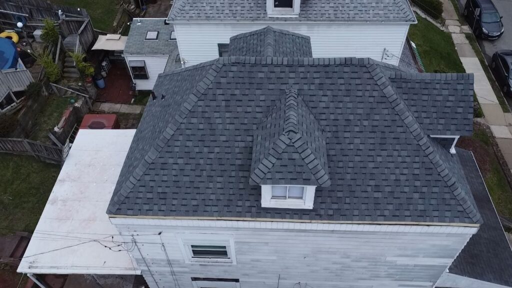 Aerial of a Carrick roof replacement among the row of houses