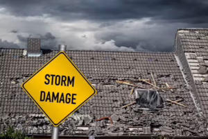Collapsed tile roof with broken tiles and debris beside a yellow storm damage warning sign
