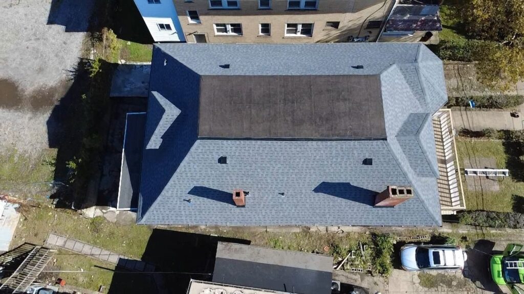 New hip roof on a Squirrel Hill home from above