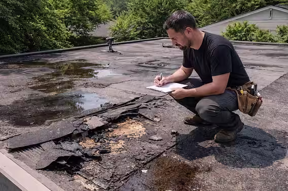 Roofer inspecting a damaged flat roof with ponding water and torn roofing before flat roof repair